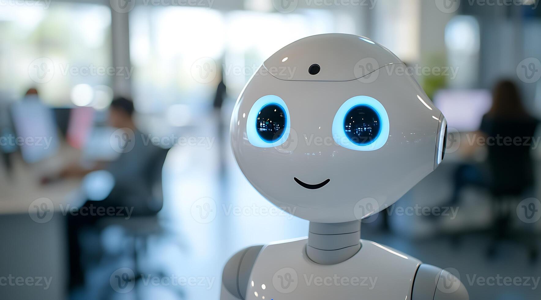Friendly robot with glowing eyes in a modern office representing technology and artificial intelligence. photo