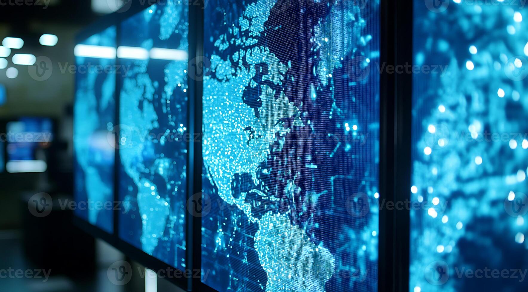 Global Digital Network Illuminated world map displayed on monitors in a darkened room data visualization. photo