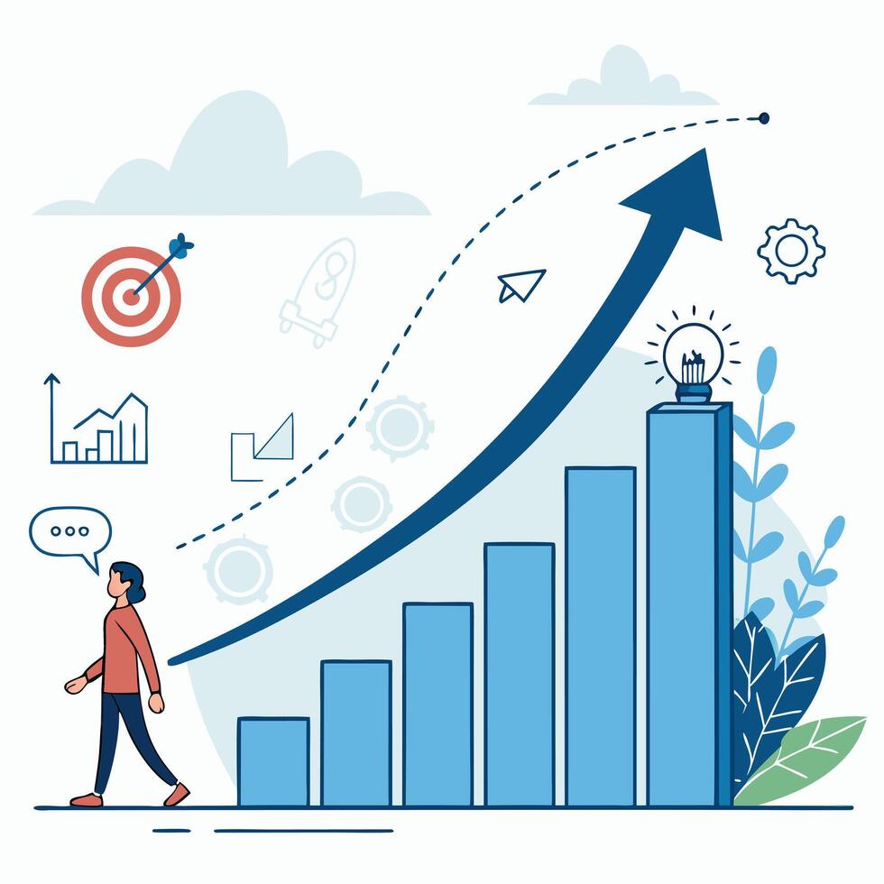 a man walking towards a graph with an arrow going up vector