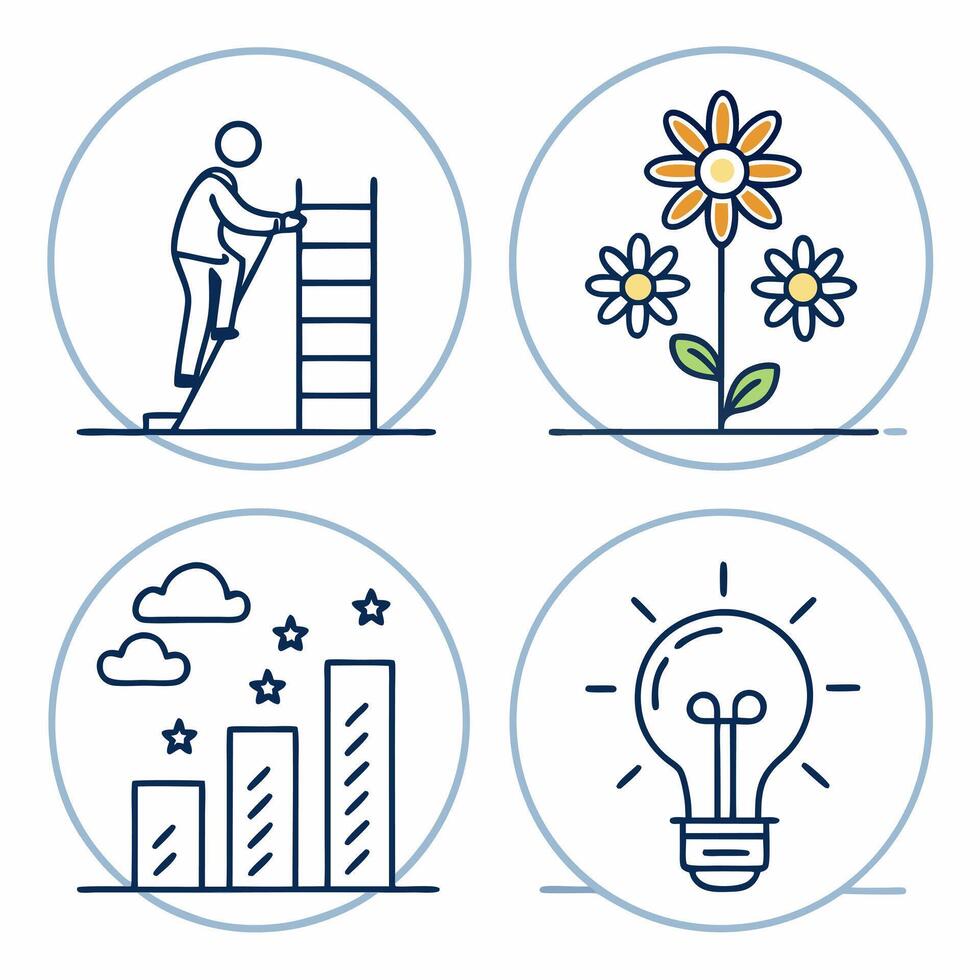 four icons with a man on a ladder, a flower, a light bulb and a ladder vector