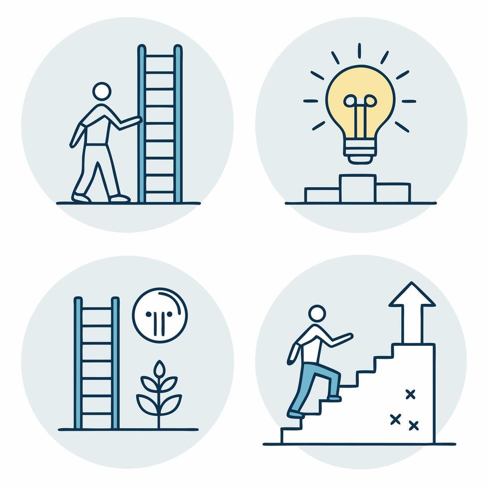 four icons depicting people climbing the ladder, a ladder and an idea bulb vector
