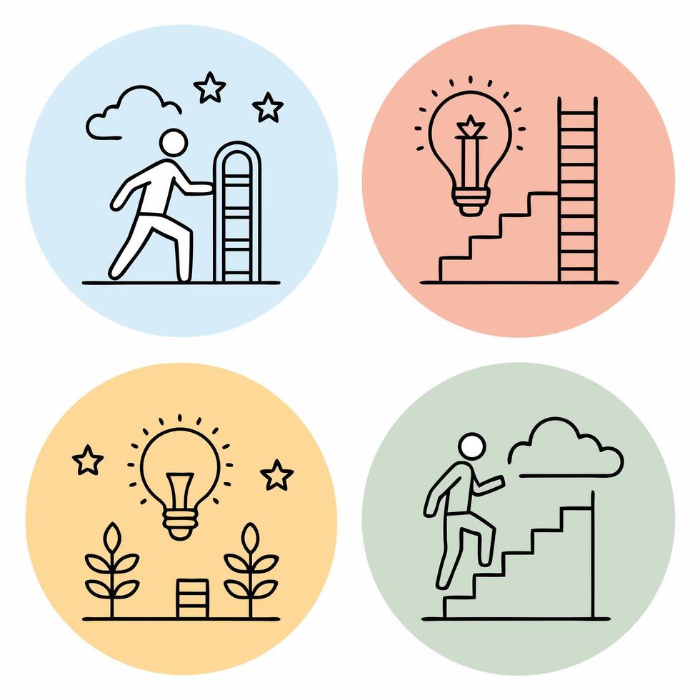 four icons of people climbing stairs and reaching for light bulb vector