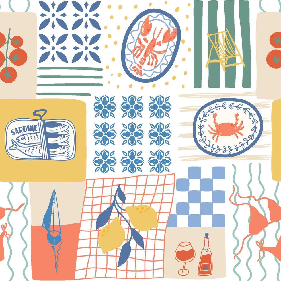 Mediterranean food seamless pattern. Cute hand drawn patchwork print with sardine, seafood, lobster, Italian tiles, checkered elements, lemon, wine, sailboat. Summer vacation mood. Cute background. vector