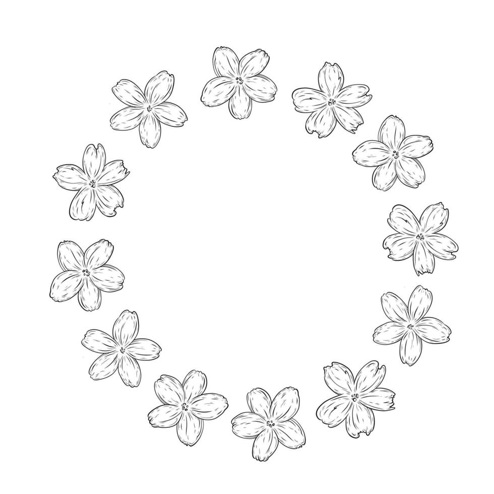 wreath with cute flowers. Illustration of a round frame with cute sakura, cherry blossom flowers. black and white hand-drawn graphics. Round frame with space for text, greeting, postcard vector