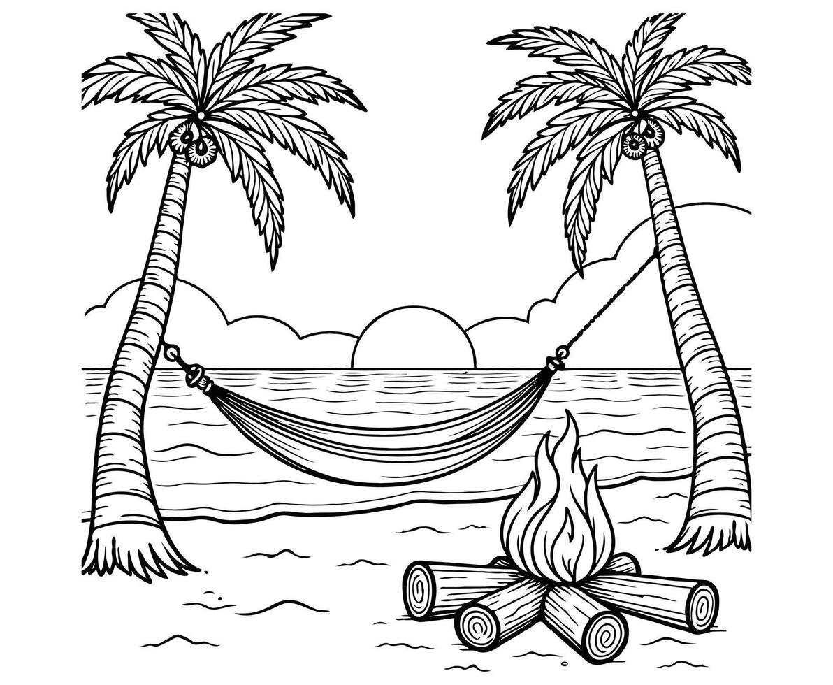 Sunset Beach Scene with Hammock, Bonfire, and Palm Trees Summer coloring page vector