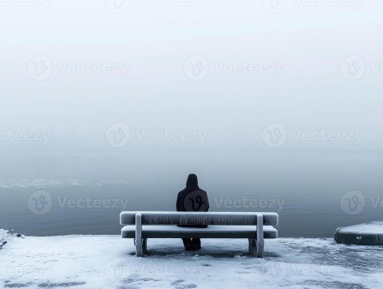 Person sitting on a snowy bench beside a foggy waterway during winter contemplation photo