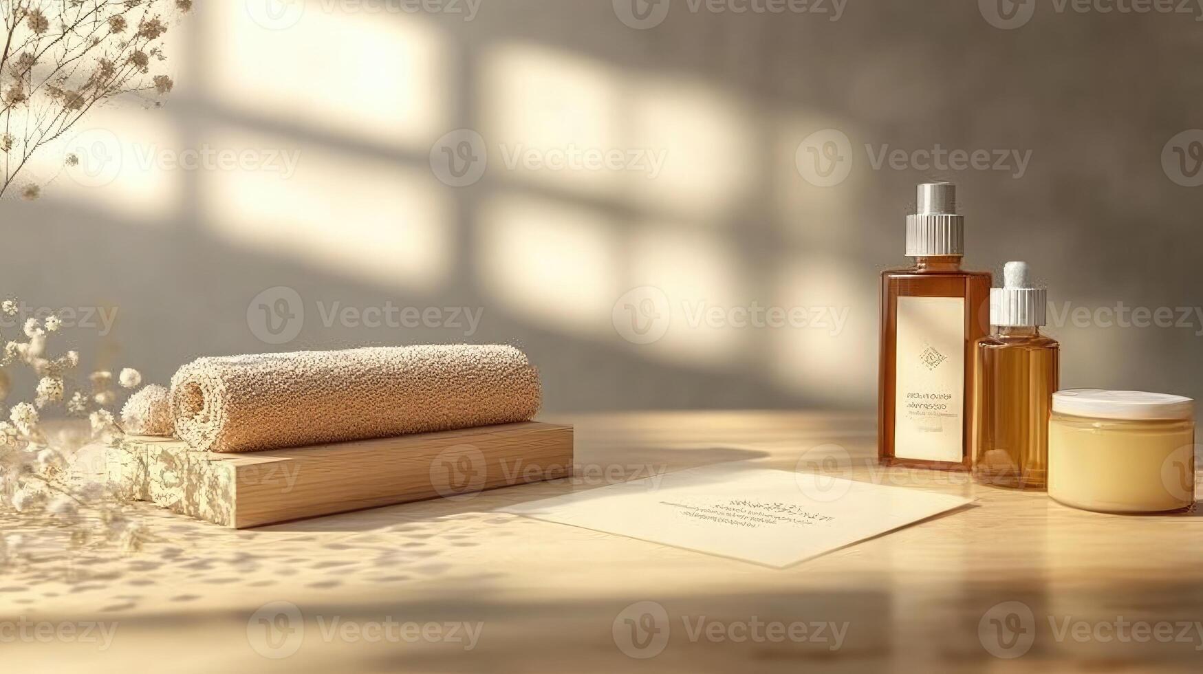 Tranquil spa setting with essential oils, natural towels, and inviting light showcasing wellness and relaxation photo