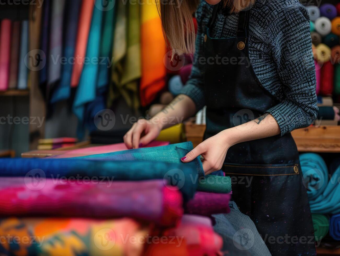 Tailor at work in a shop surrounded by vibrant fabrics and textiles during a busy crafting session photo