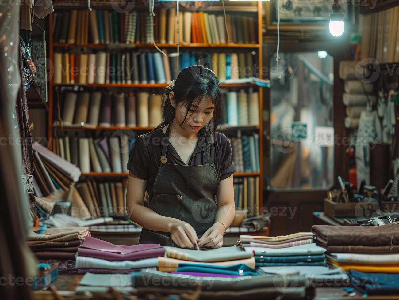 Crafting unique garments in a tailor shop with a focused tailor at work photo