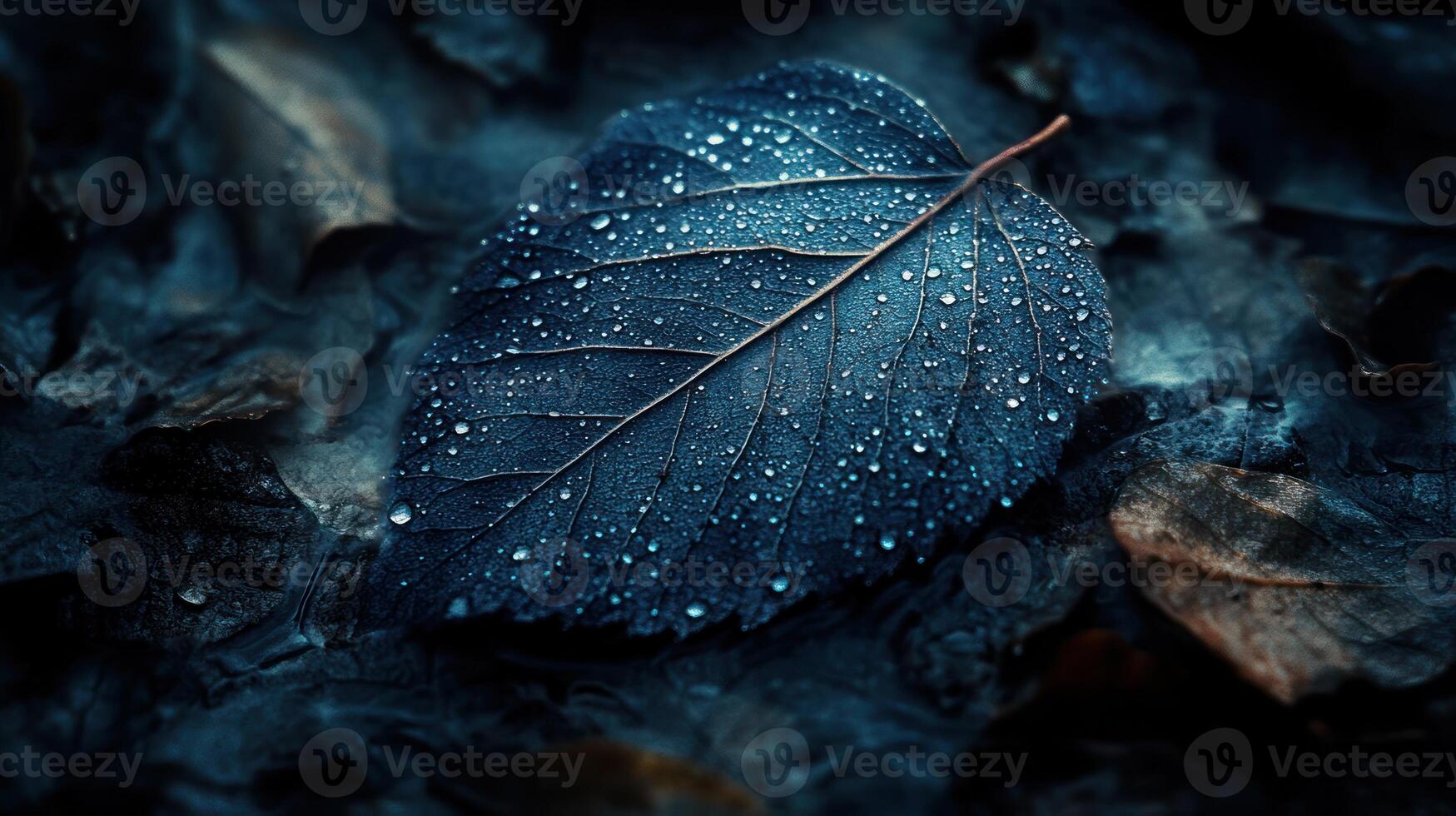 A close-up of a wet leaf on a dark surface. photo