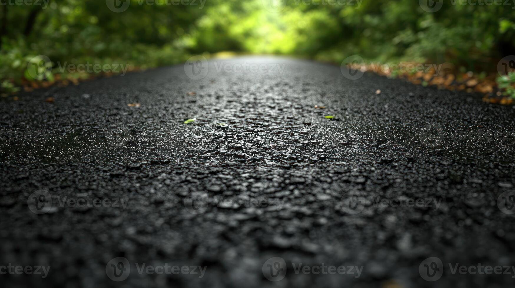 A close-up view of a wet asphalt road. photo
