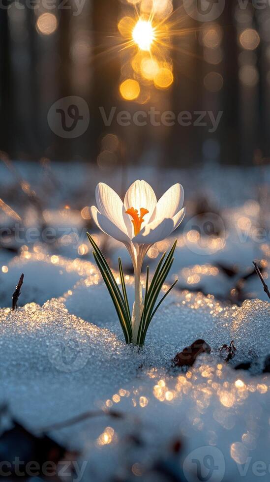 A crocus flower blooms in the snow at sunset. photo