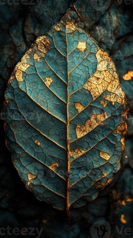 A detailed leaf with a textured, colorful surface. photo