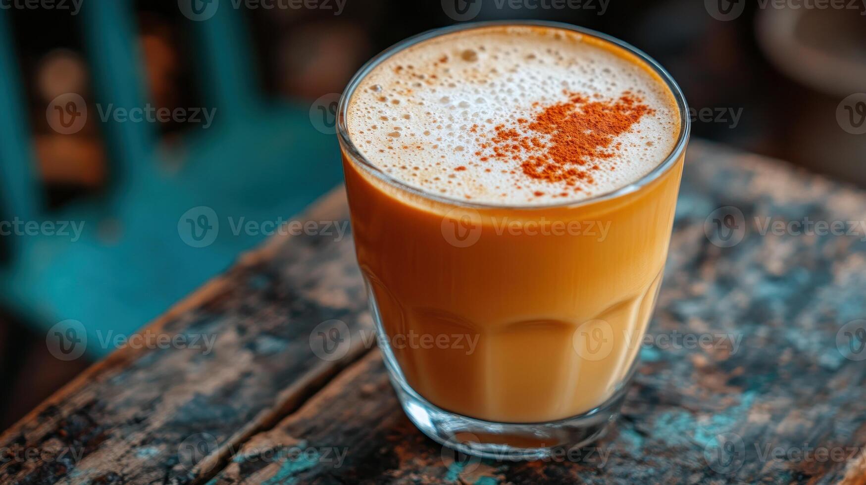 A glass of frothy chai with a sprinkle of spice. photo