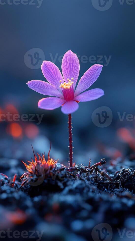 A delicate pink flower emerging from the soil. photo