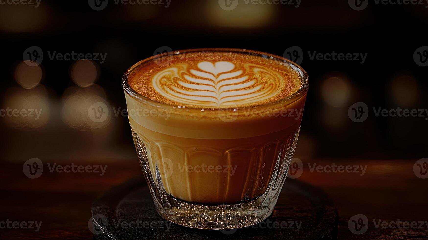 A latte with intricate foam art in a glass cup. photo
