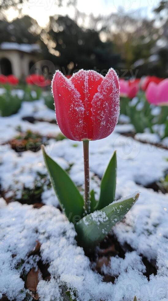 A frosted red tulip amidst snow-covered ground. photo
