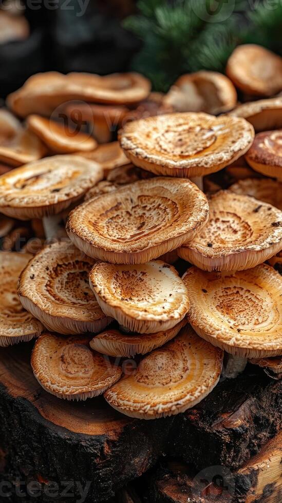 A close-up of dried mushrooms on a wooden surface. photo