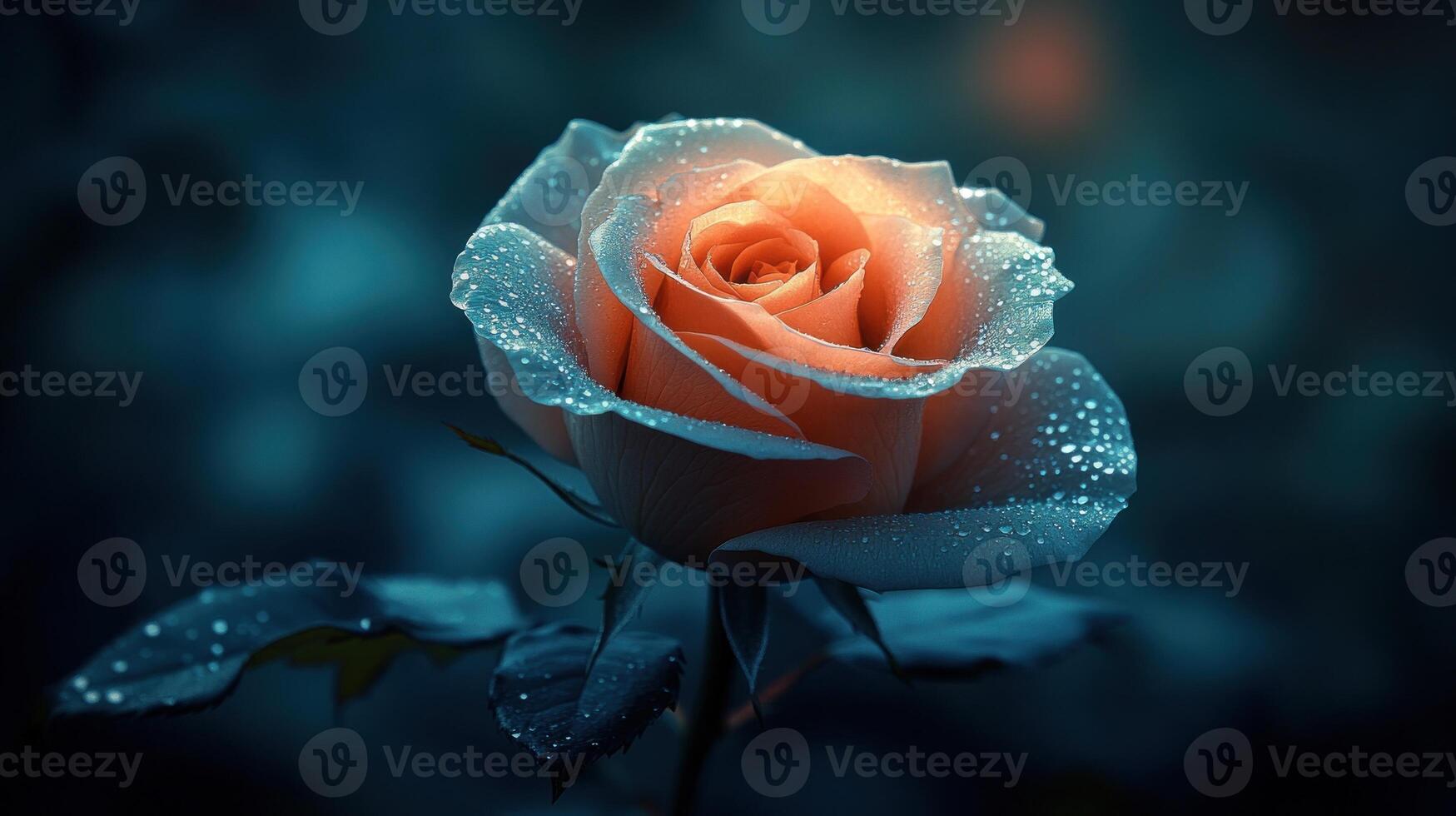A delicate rose with dew in a dark background. photo