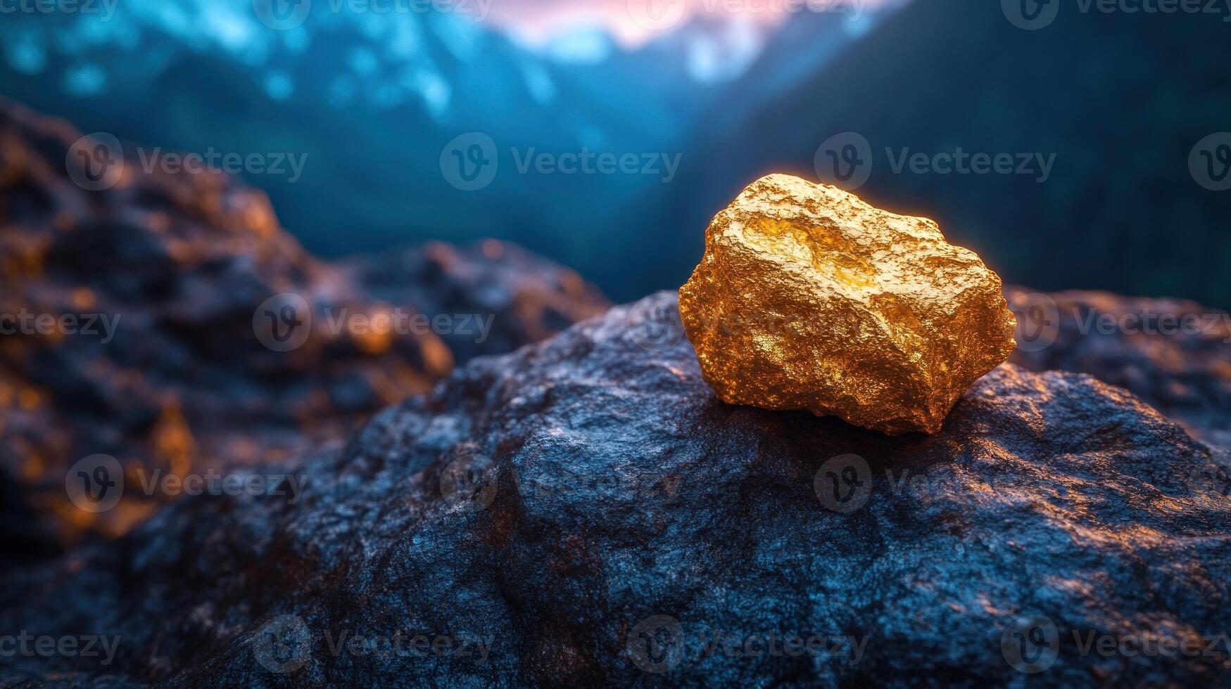 A golden rock on a rugged surface in nature. photo