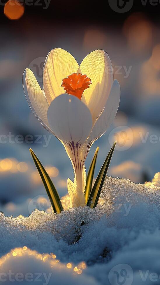 A crocus flower emerging from snow. photo