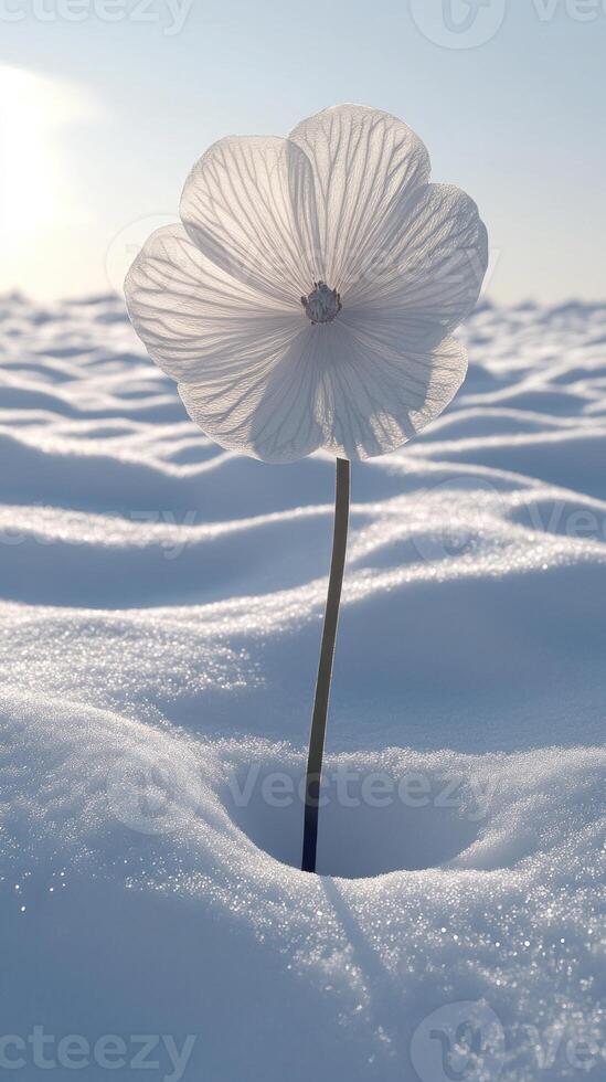 A delicate flower emerging from snowy terrain. photo