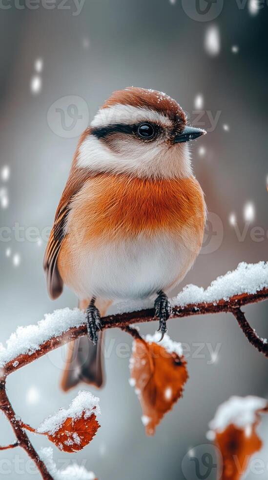 A beauty colorful bird perched on a snowy branch. generated photo