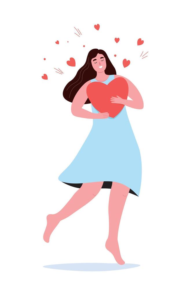 PHappy woman dancing in full height, holding a heart in her hands. Concept of love, self-acceptance, harmony with oneself. flat graphics. vector