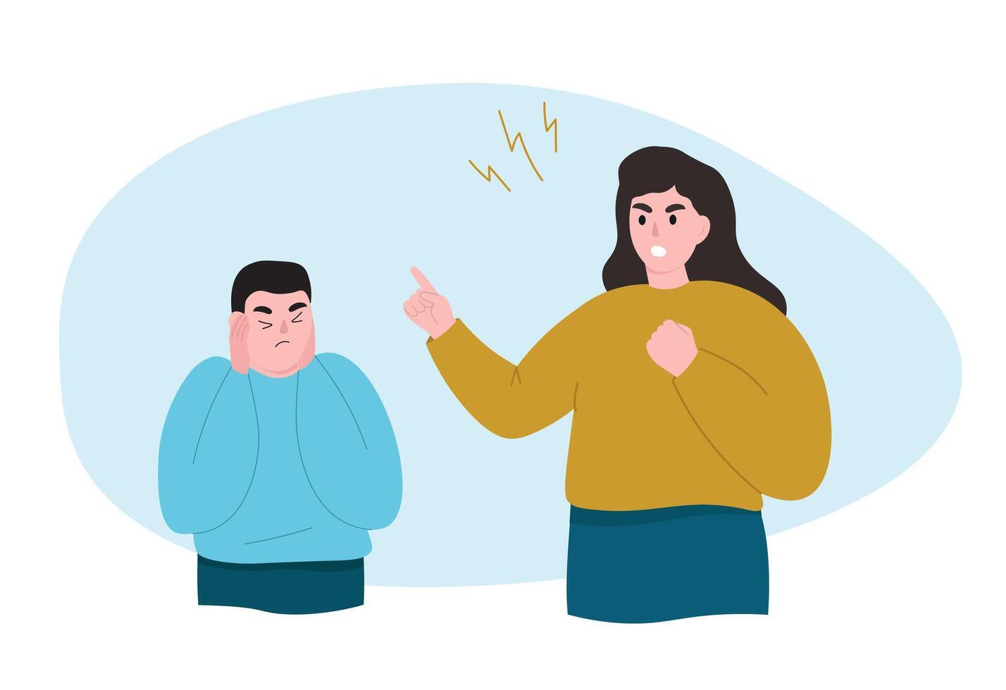 Mother scolds her son. Angry, woman points at the child, speaks sternly to him. flat graphics. vector