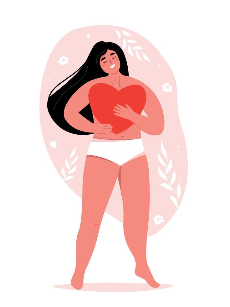 A full-length full-length woman loves herself, holds a heart in her hands. A symbol of care, careful attitude to the body, mental health, self-acceptance. flat graphics. vector