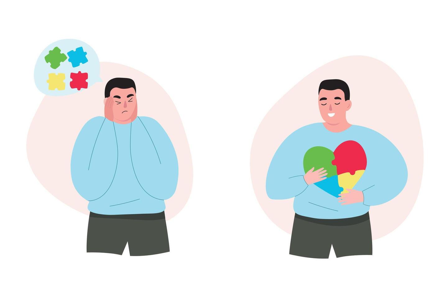 A person with autism can't collect his thoughts, it's hard and unclear in the world. Acceptance of diagnosis, feel calm, positive. flat graphics. vector
