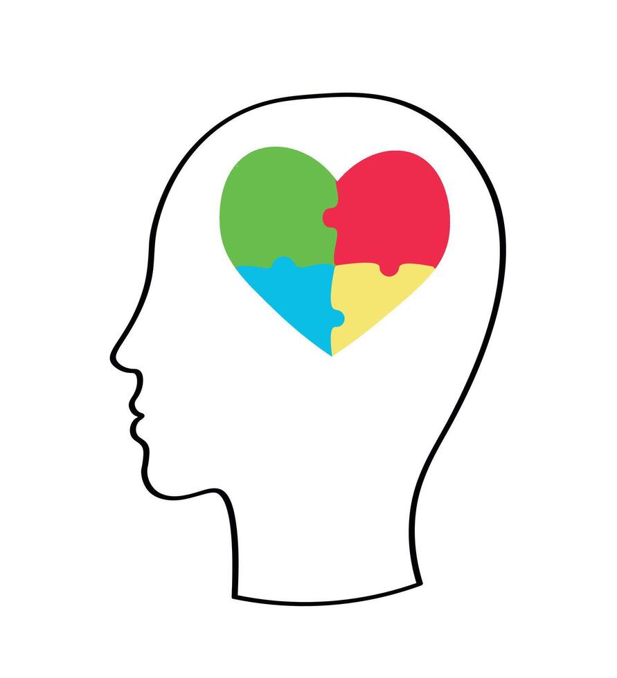 Linear profile, silhouette of a person with a heart in the form of a puzzle in his head. Symbol of autism, mental diversity. vector