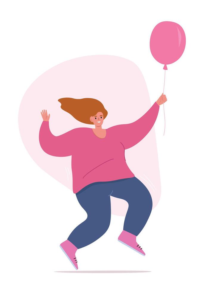 Positive girl jumping, cheerfully walking with a balloon in her hands. Joyful female smiling, dancing. flat graphics. vector