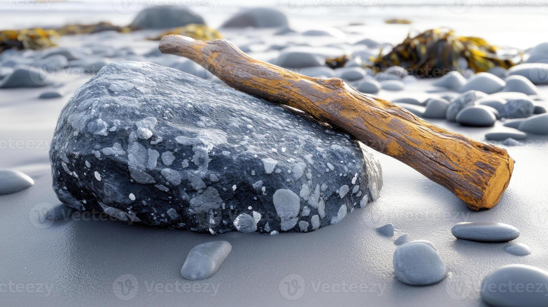 A smooth stone with a driftwood piece on a beach. photo