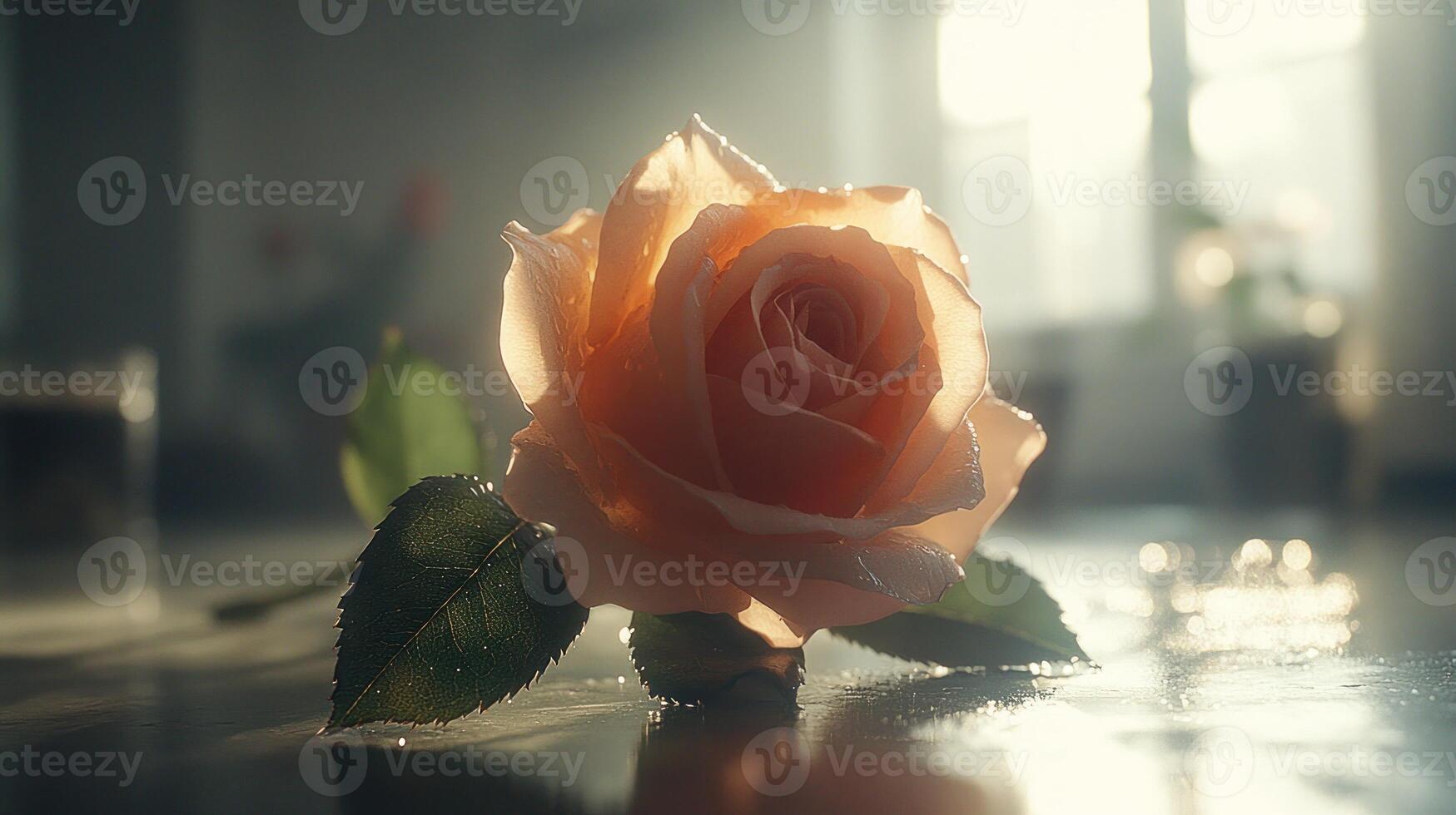 A soft peach rose resting on a reflective surface. photo