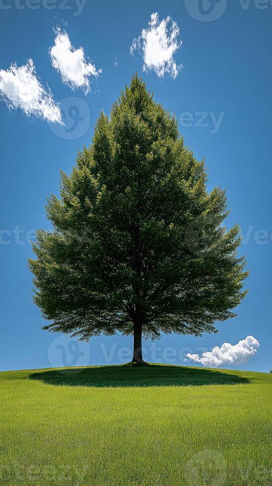A solitary tree on a grassy hill under a clear blue sky. no fog, generated photo