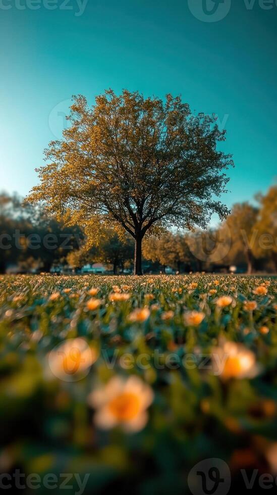 A serene landscape with a tree and blooming flowers. photo