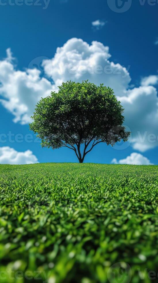 A tree on a grassy hill under blue skies. photo