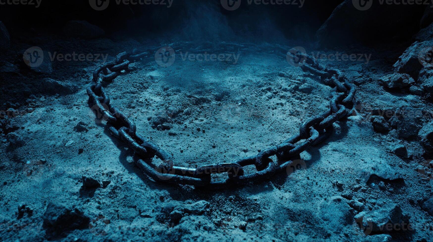 A large chain lying on the ground in a dark setting. photo