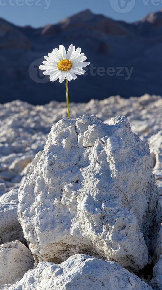 A single daisy growing from a rock in nature. photo