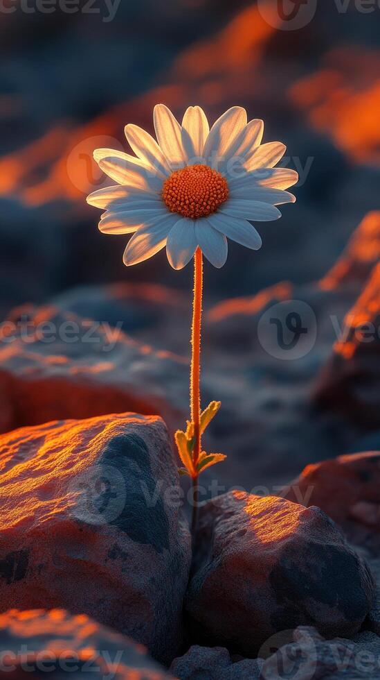 A solitary daisy growing amidst rocky terrain. photo