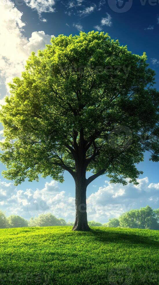 A lush tree stands on a green hillside under clouds. photo