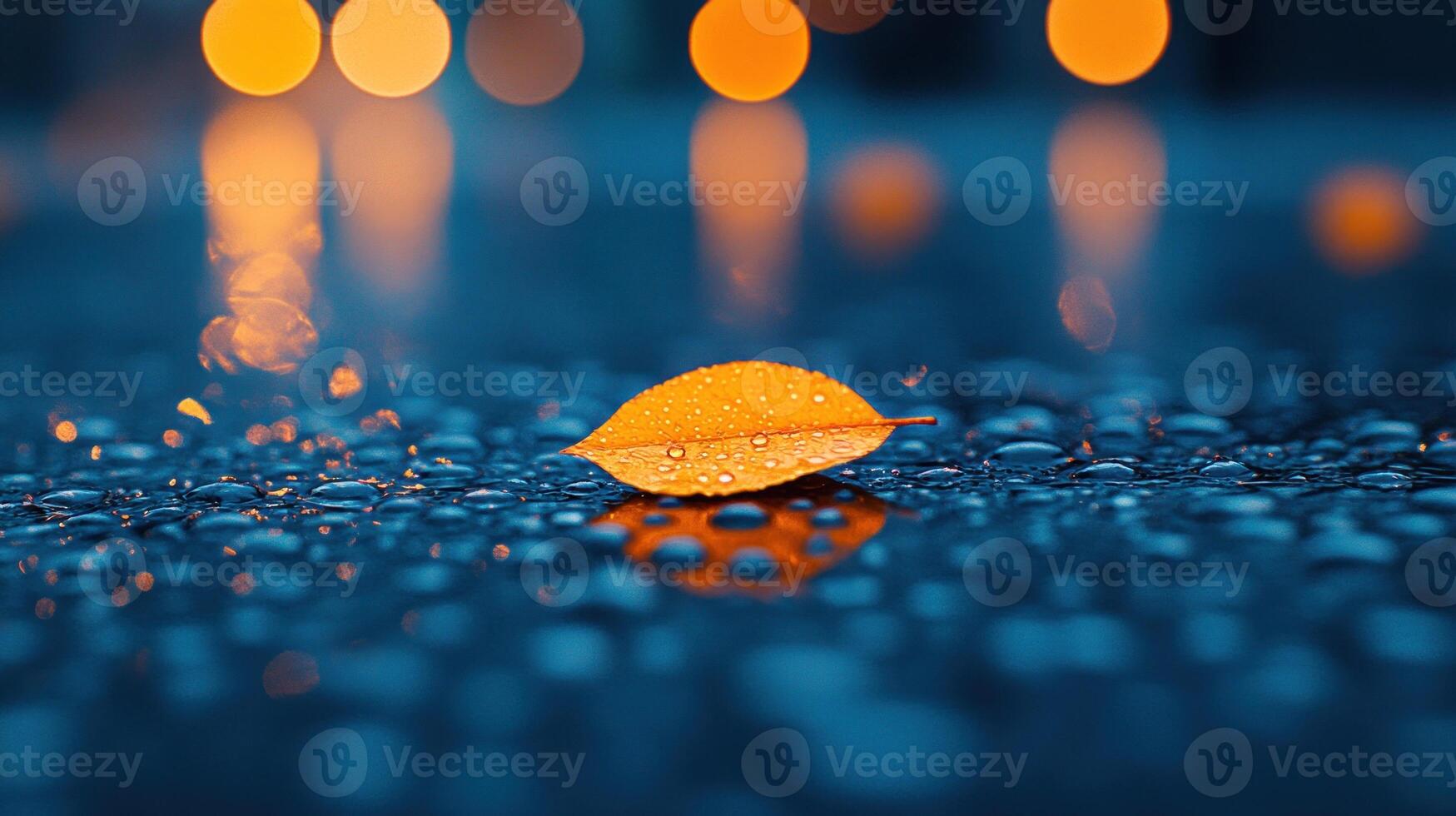 A solitary leaf on a wet surface with bokeh lights. photo
