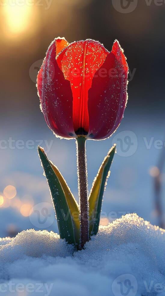 A red tulip emerging from snow in sunlight. photo