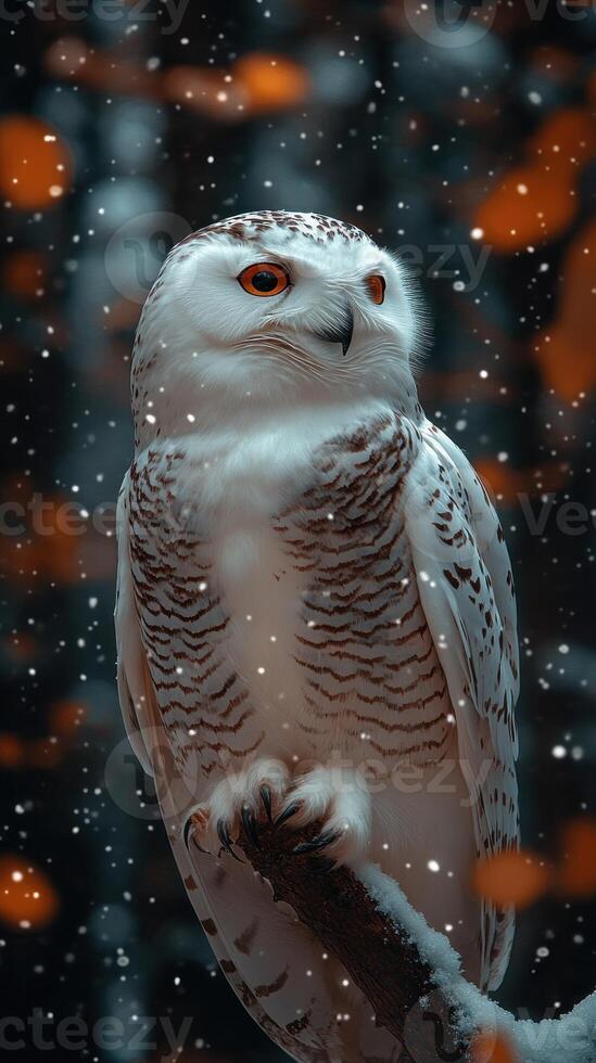 A snowy owl perched in a wintery forest setting. photo