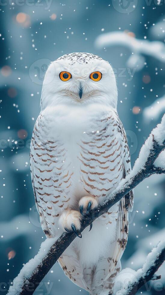 A snowy owl perched on a branch in winter. photo