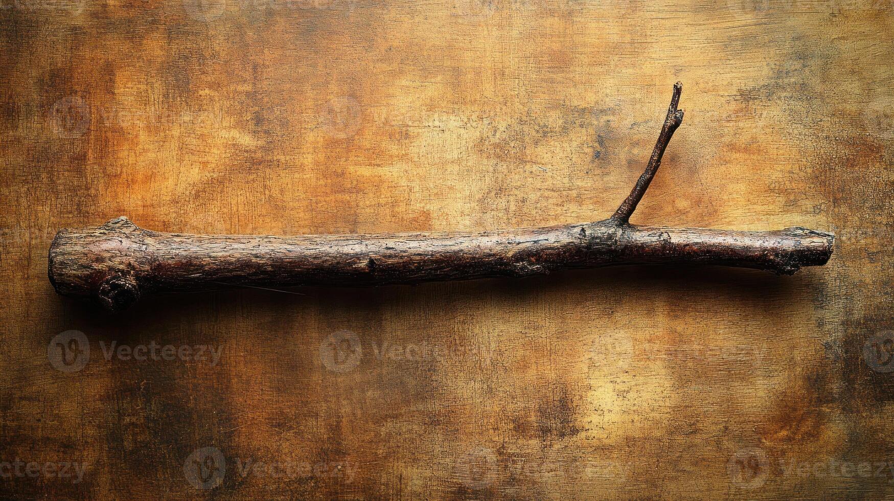 A rustic stick on a textured wooden surface. photo