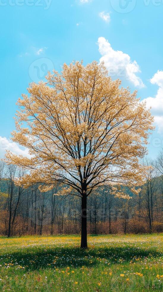 A solitary tree with golden leaves in a field. photo