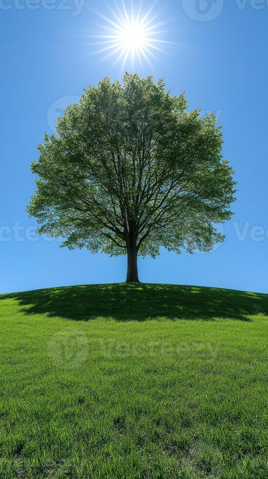 A solitary tree on a grassy hill under sunlight. photo