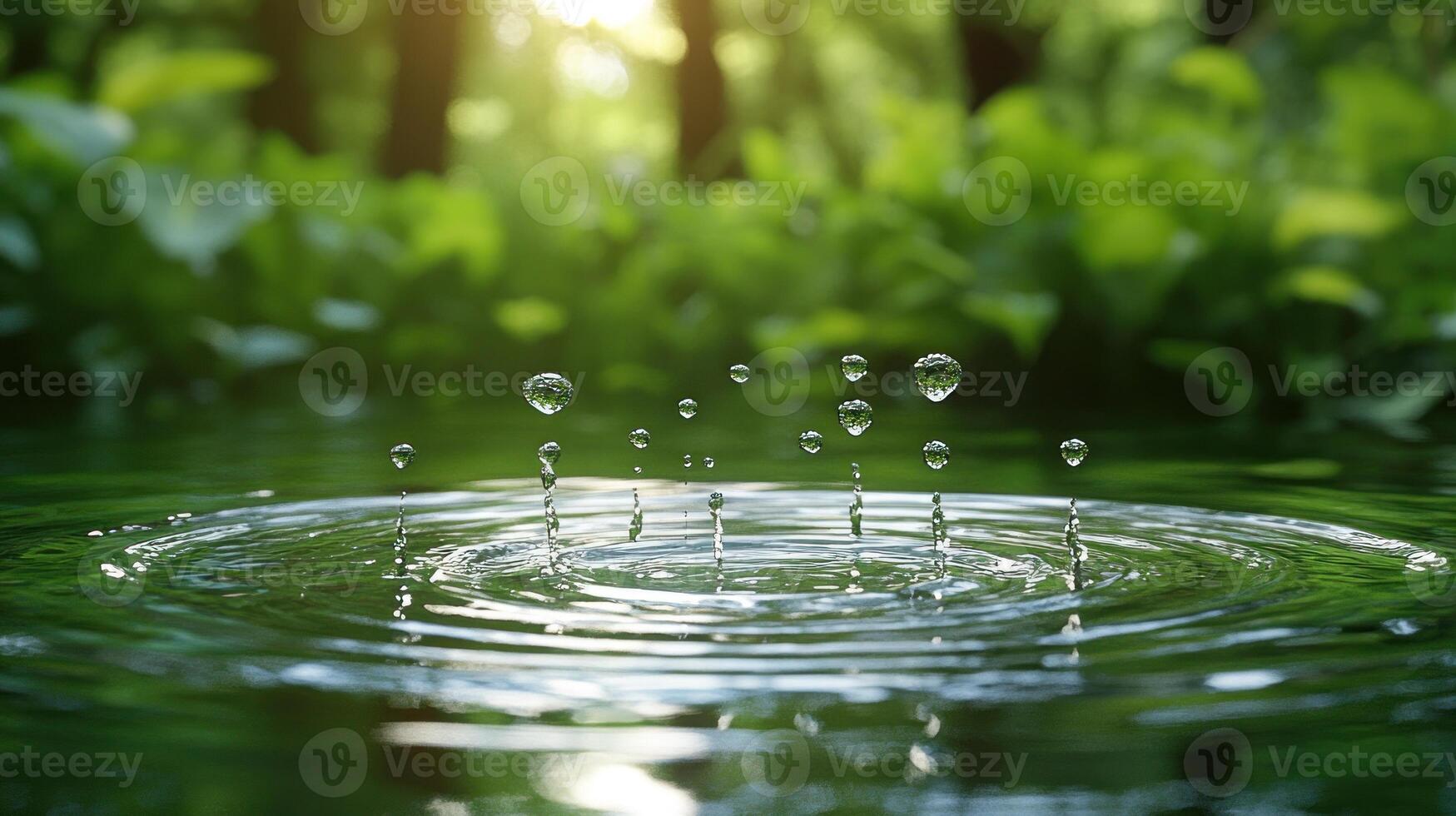 Water droplets creating ripples in a serene pond. photo